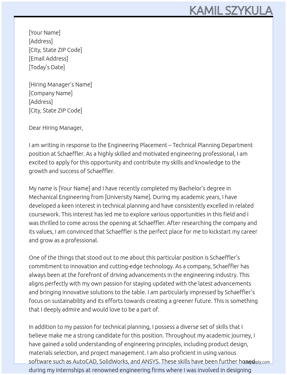 ENGINEERING PLACEMENT – TECHNICAL PLANNING DEPARTMENT SCHAEFFLER At SCHAEFFLER Cover Letter