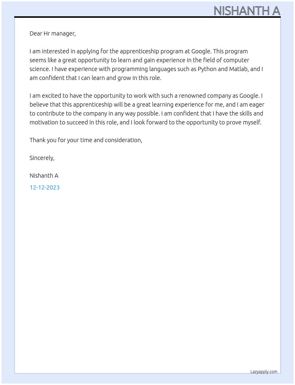  Apprenticeship program At Google Cover Letter