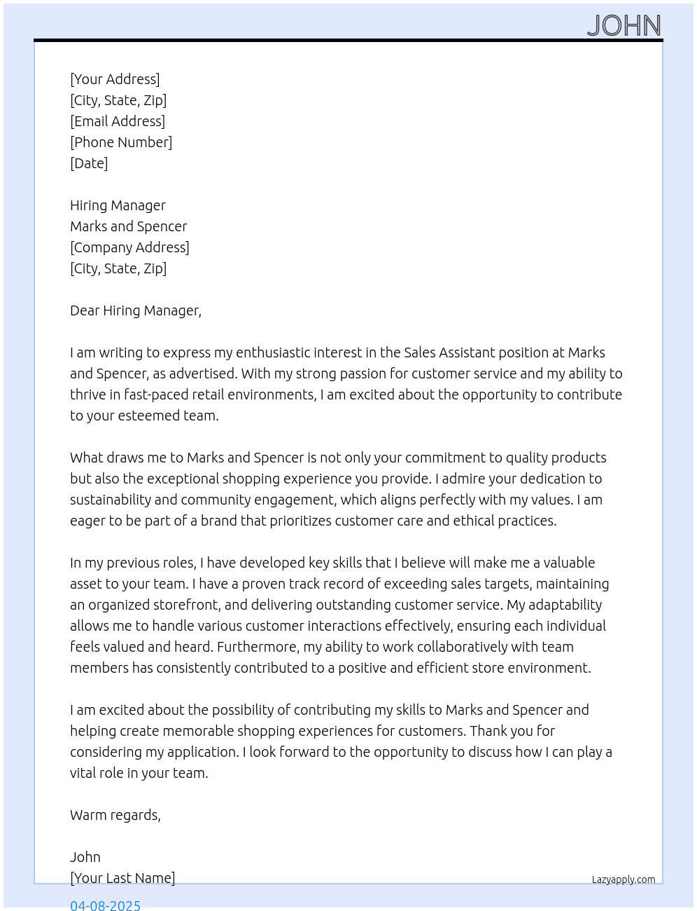 sales assistant At Marks and spencer Cover Letter