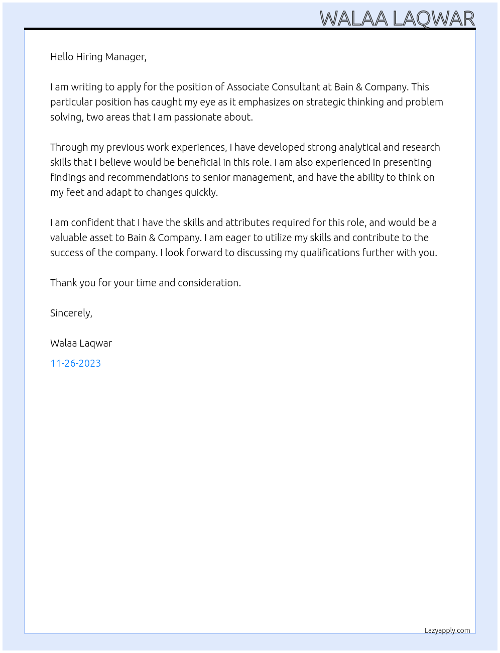 Associate Consultant At BAIN & COMPANY Cover Letter