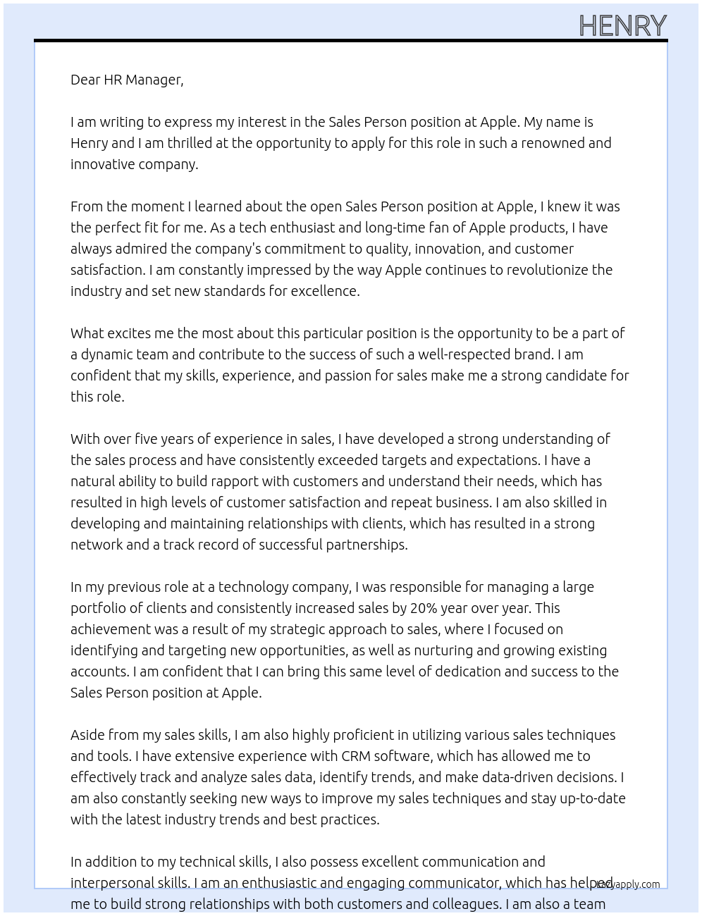 Sales person At Apple Cover Letter