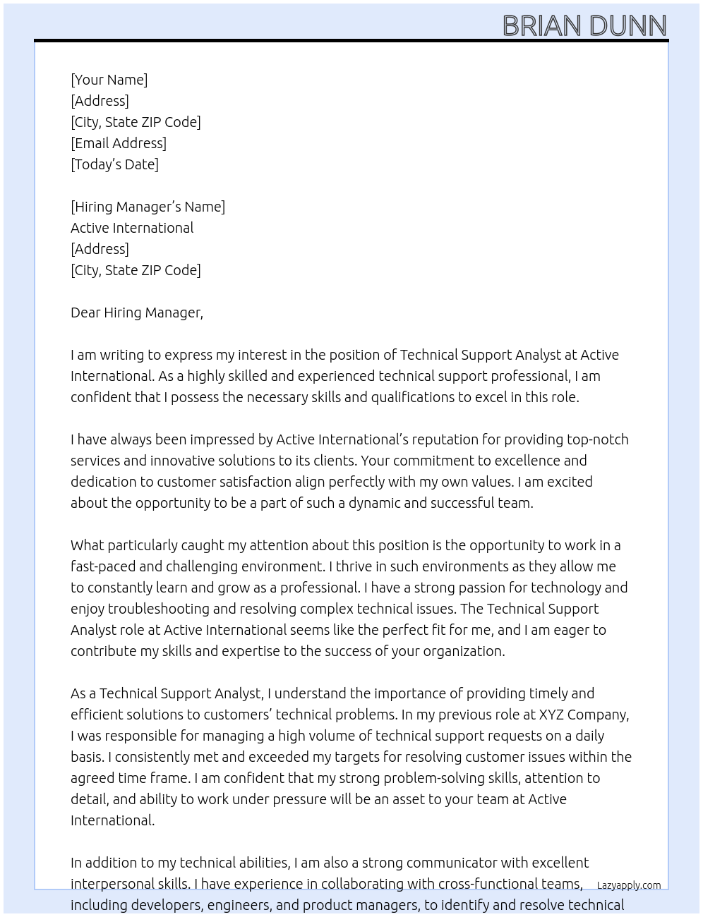 Technical Support Analyst At Active International Cover Letter