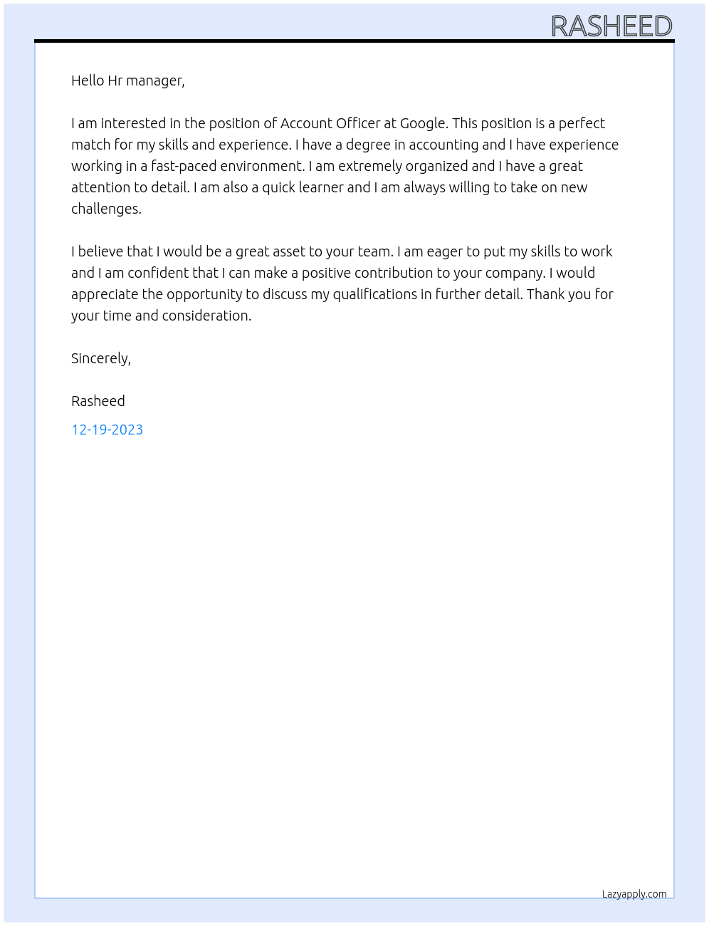 Account Officer At Google Cover Letter