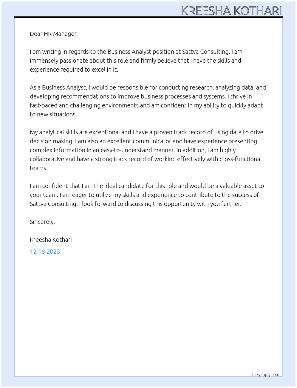 Business Analyst At Sattva Consulting Cover Letter