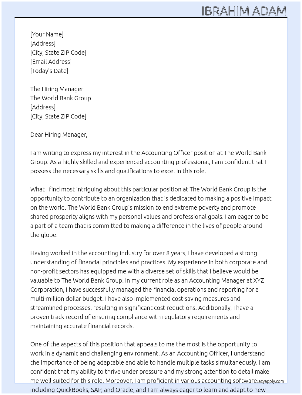 Accounting Officer At The World Bank Group Cover Letter