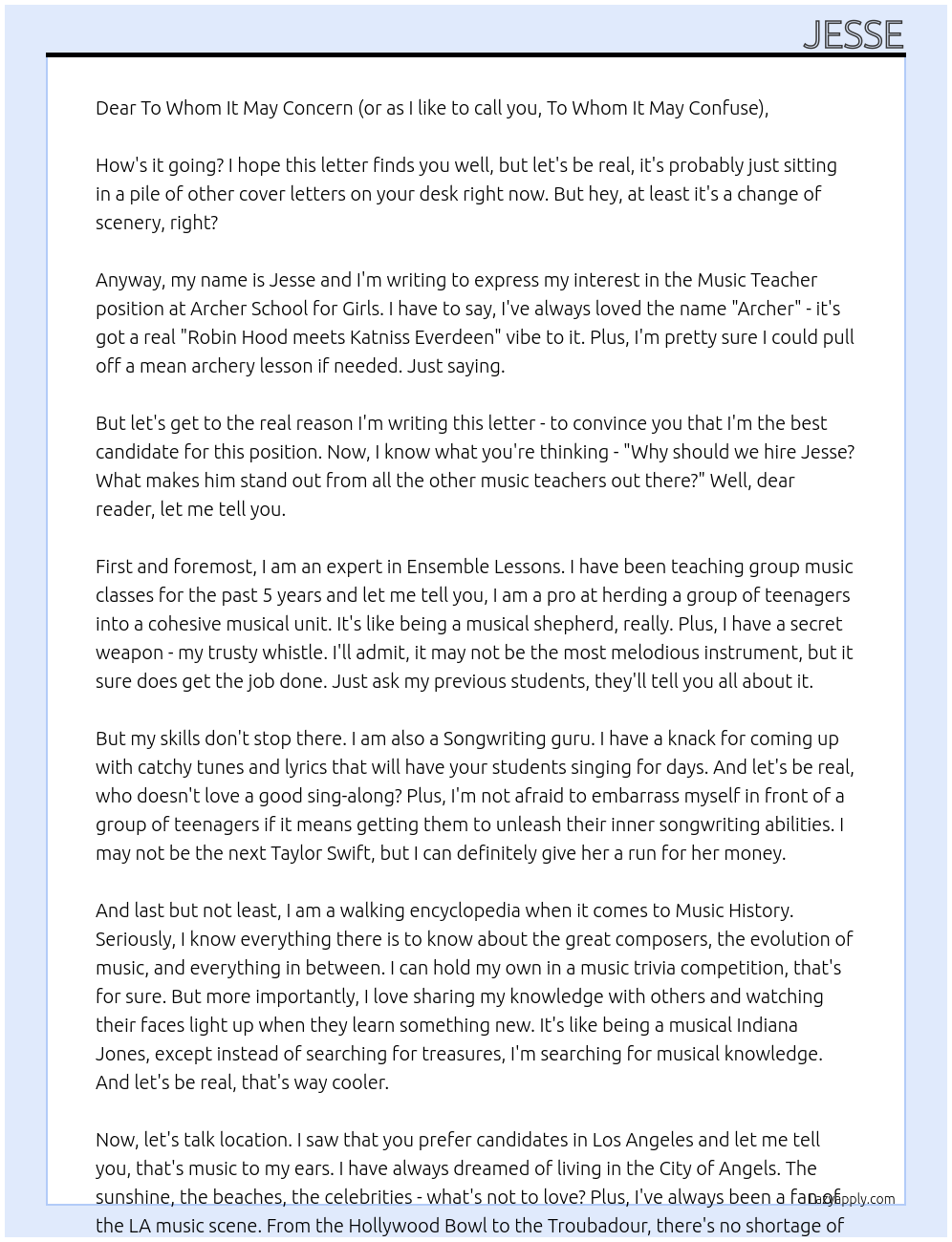 Music teacher At Archer school for girls Cover Letter