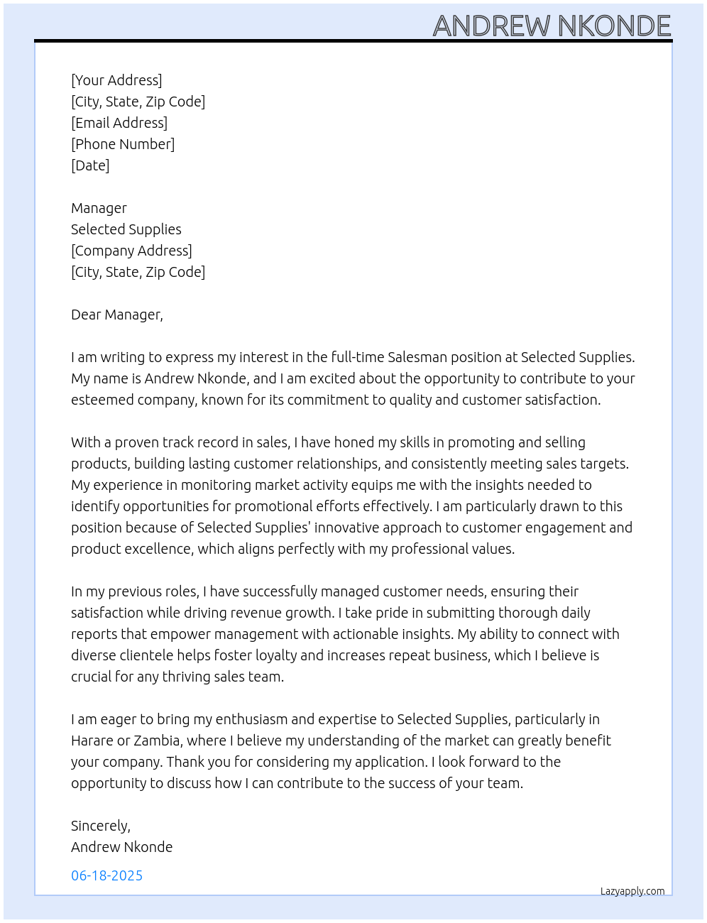 Salesman At Selected Supplies Cover Letter