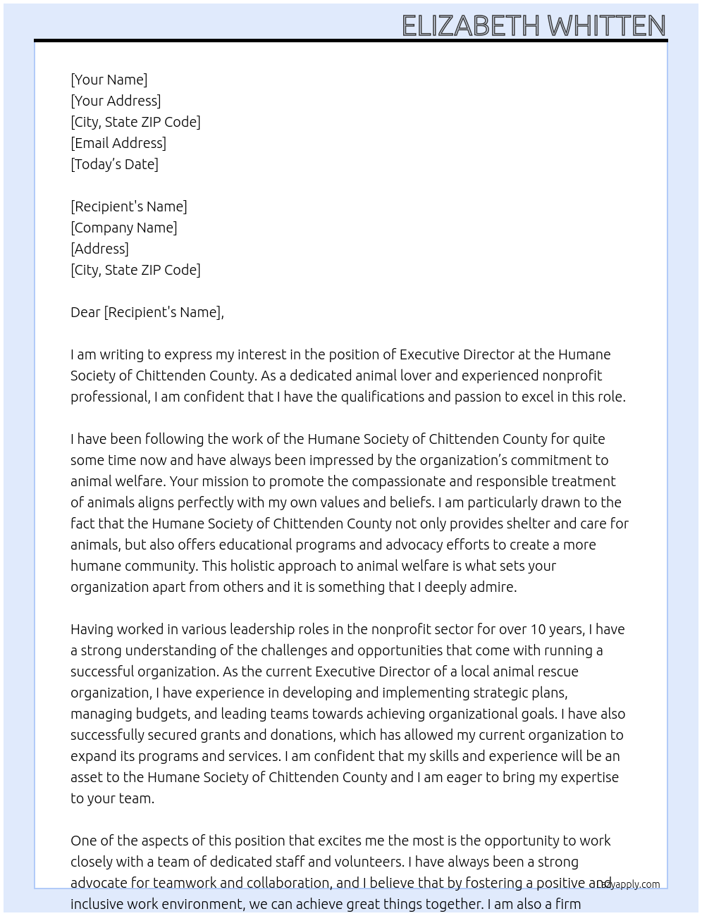 Executive Director At Humane Society of Chittenden County Cover Letter