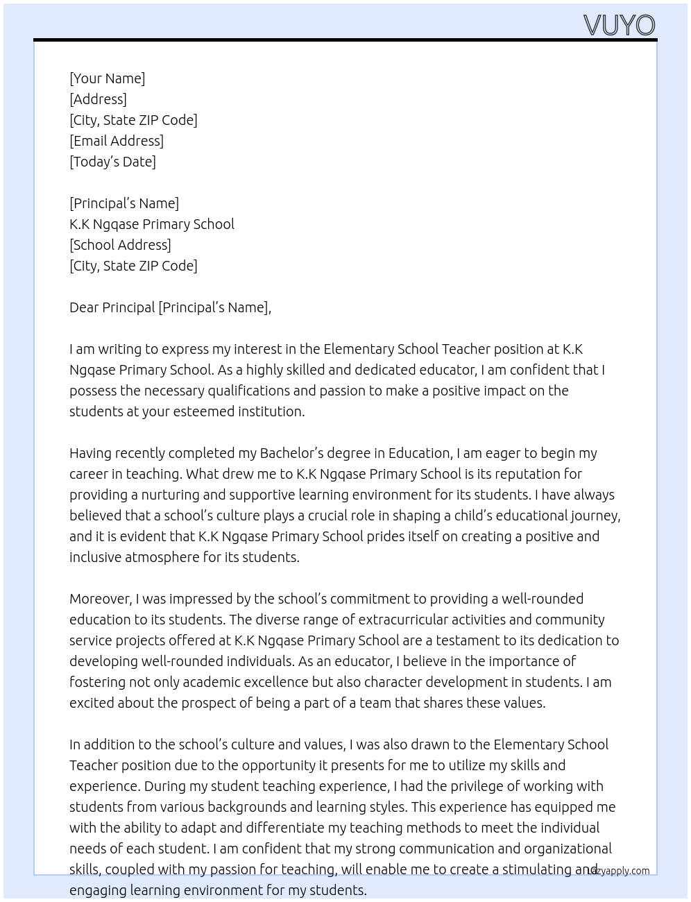 Elementary school teacher At K.K Ngqase Primary School Cover Letter