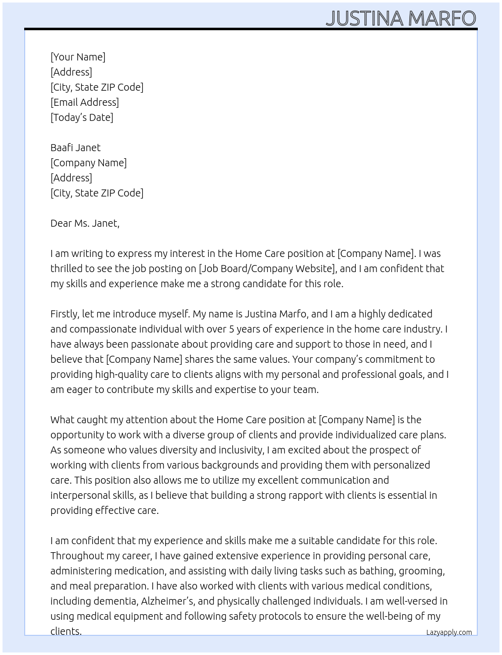 Home Care At Unknown Cover Letter