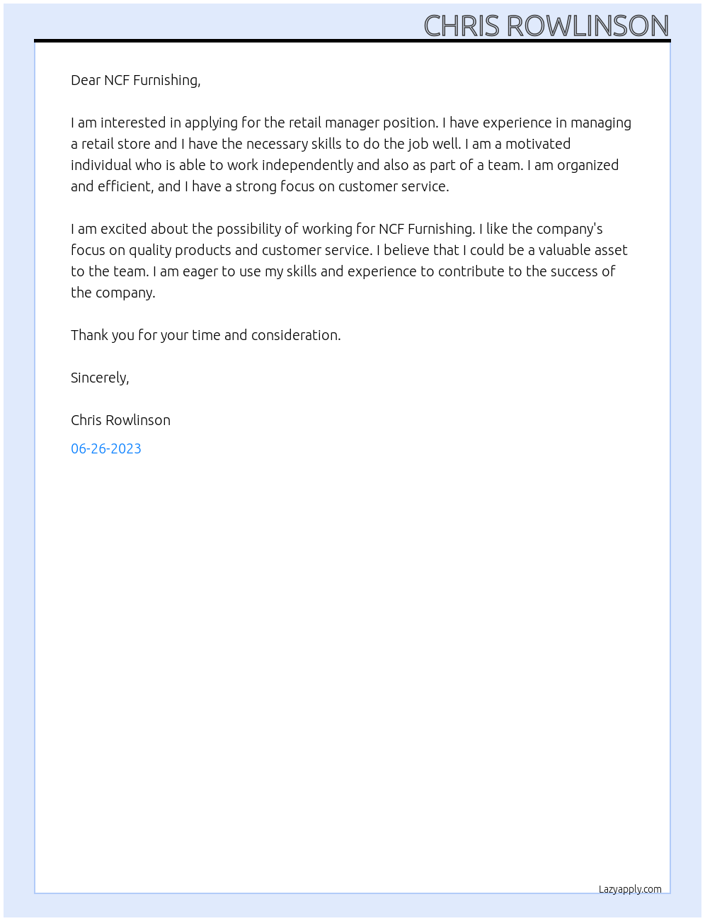 retail manager At NCF Furnishing Cover Letter