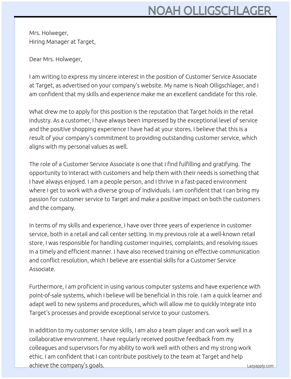 Customer Service Associate At job at target Cover Letter