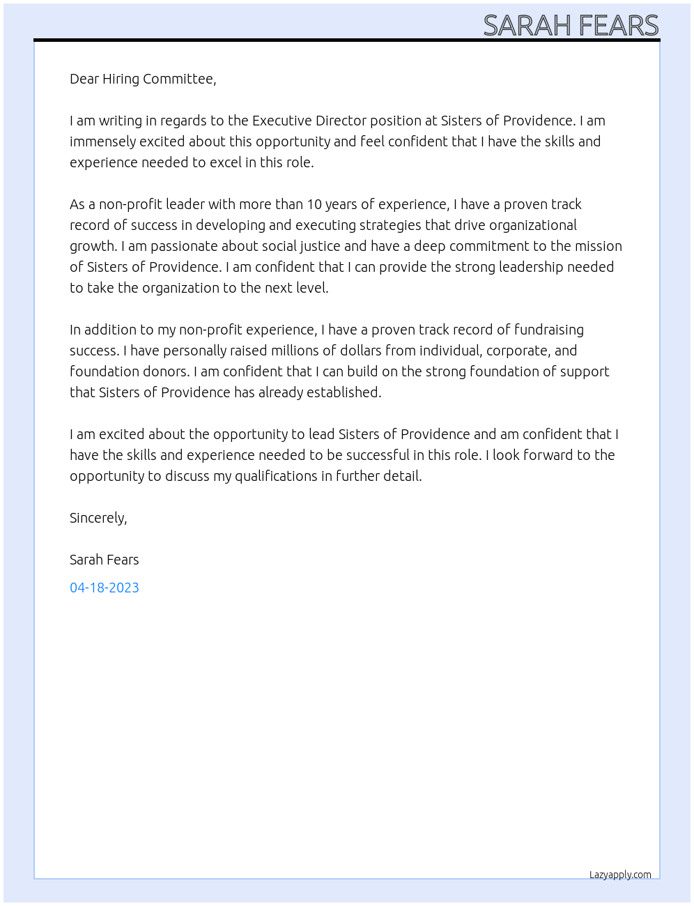 Executive Director At Sisters of Providence Cover Letter