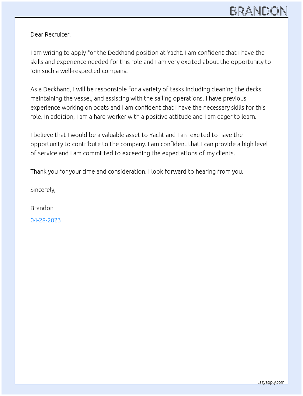 Deckhand At Yacht Cover Letter