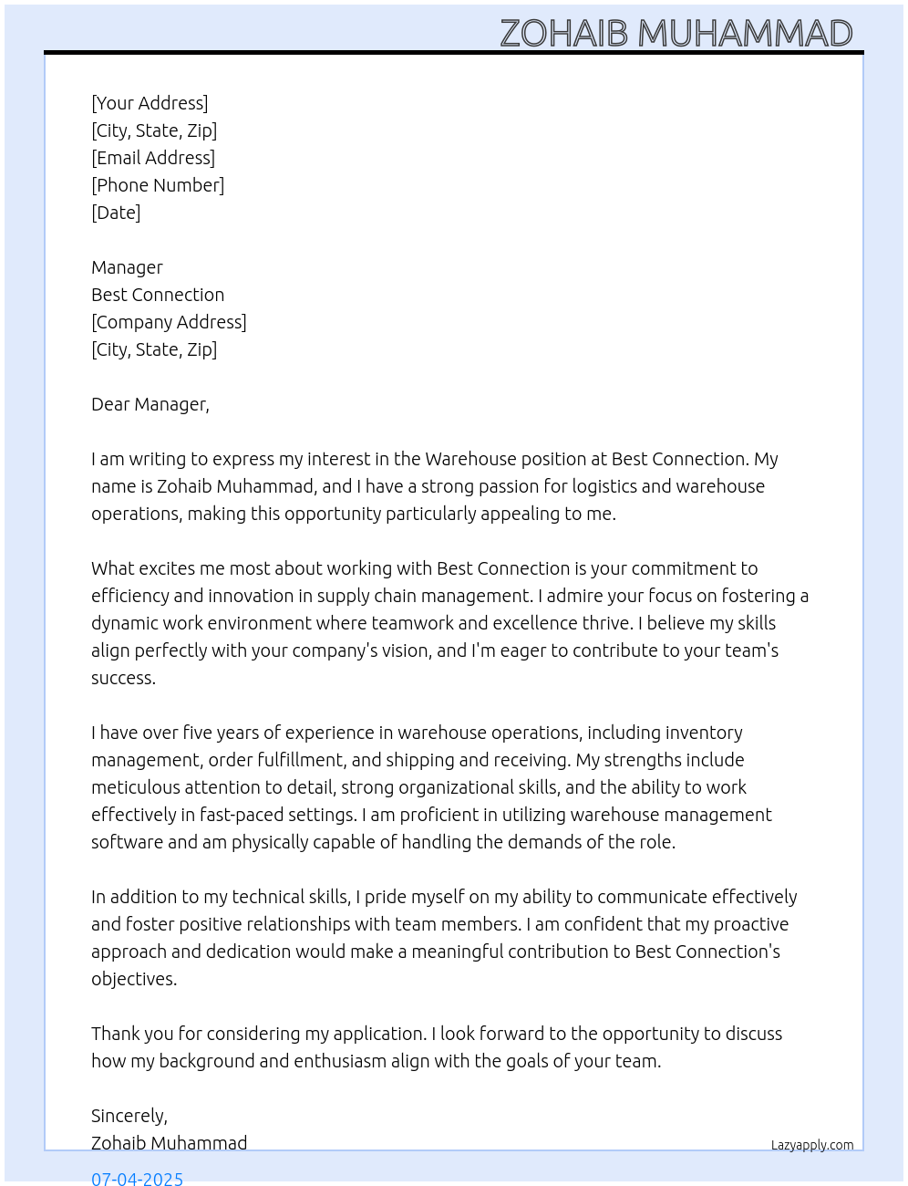 Warehouse At Best connection Cover Letter