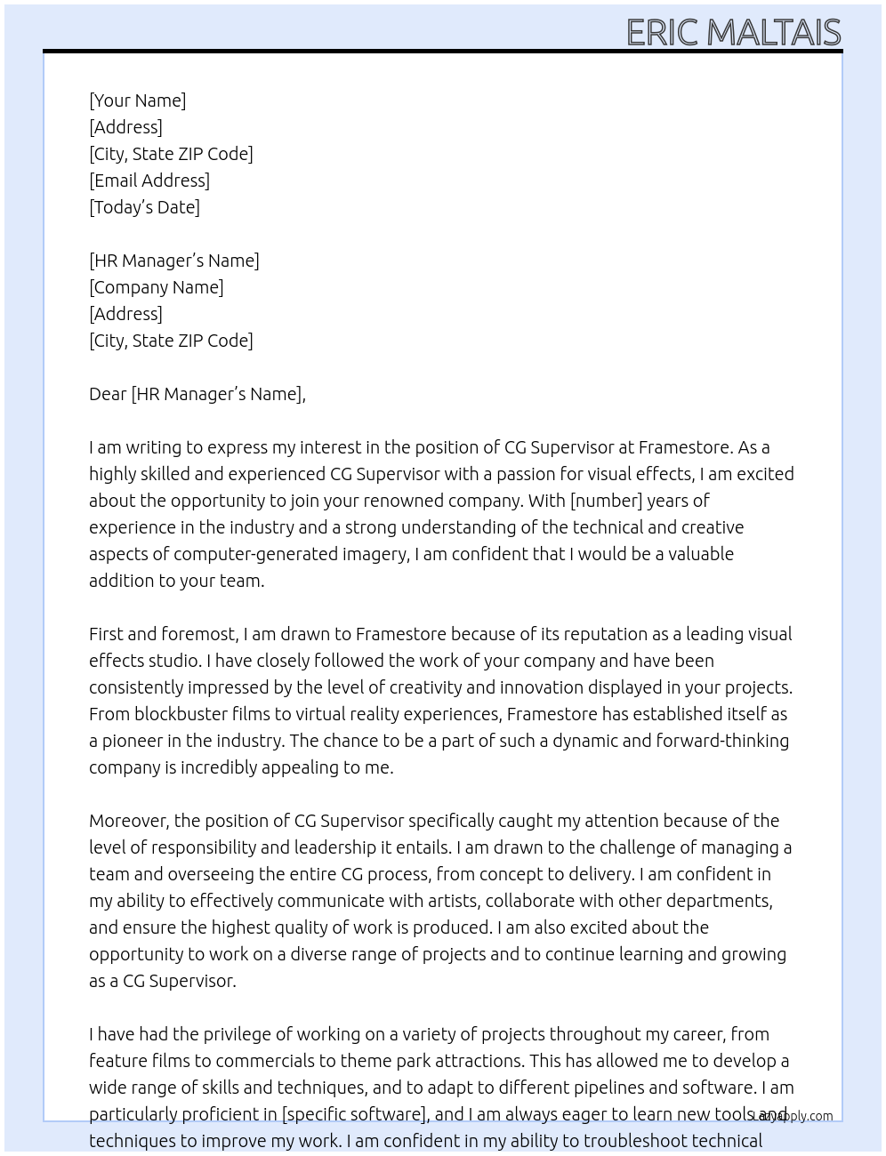 CG Supervisor At Framestore Cover Letter