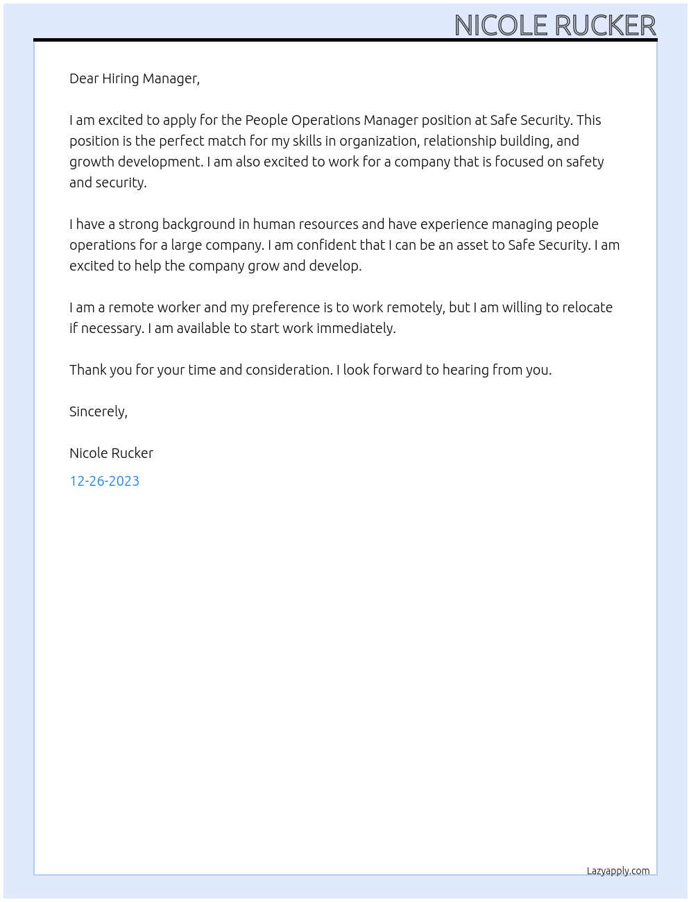 People Operations Manager At Safe Security Cover Letter