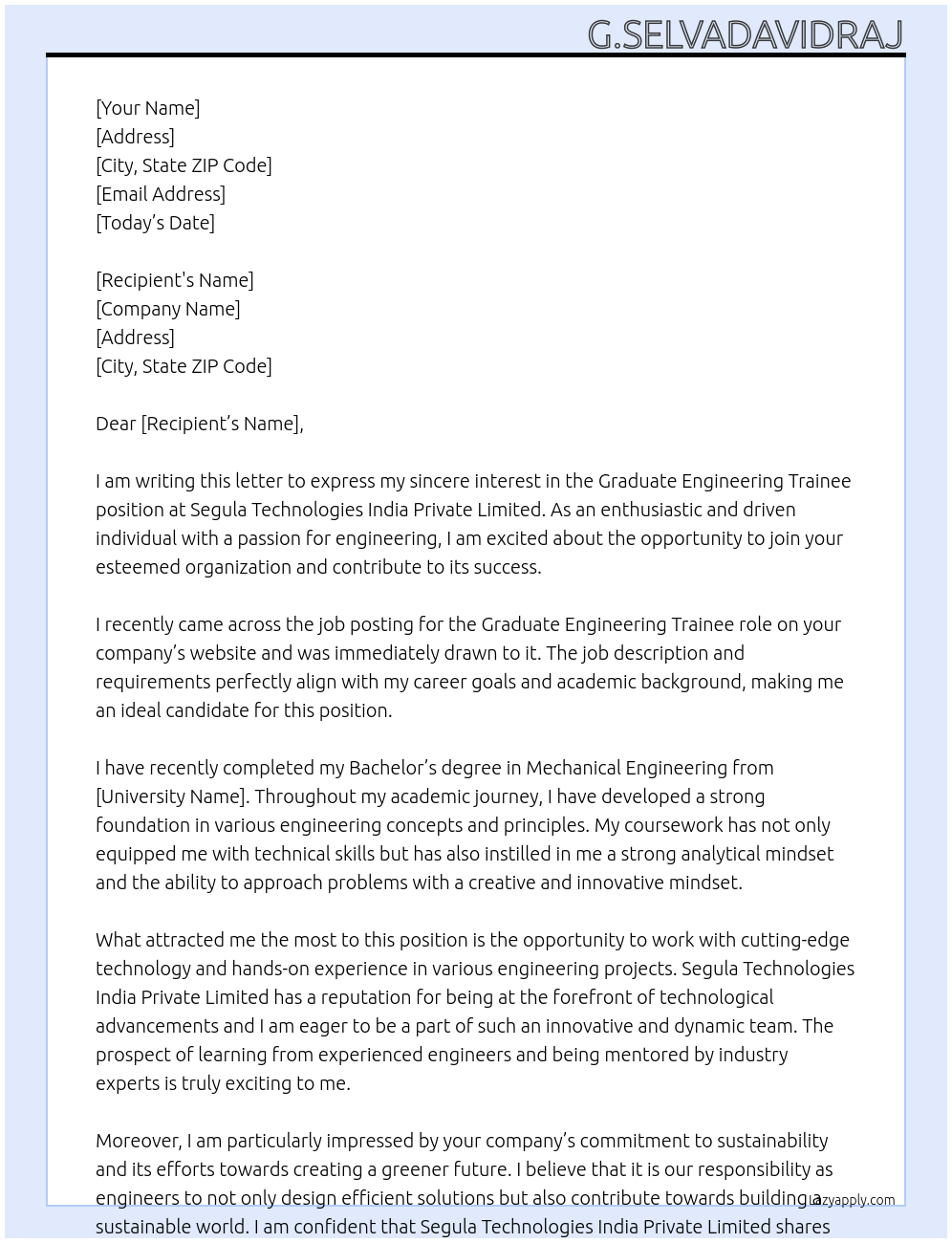 Graduate engineering trainee At segula Technologies India private limited Cover Letter