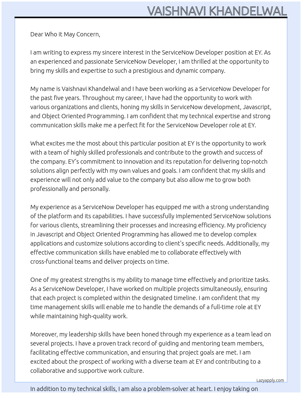 ServiceNow Developer At EY Cover Letter