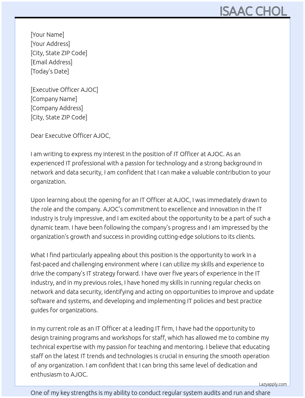 IT Officer At AJOC Cover Letter