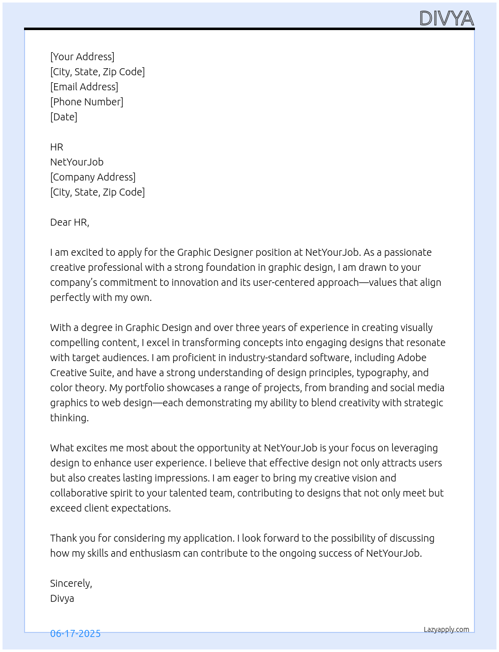 Graphic Designer At NetYourJob Cover Letter