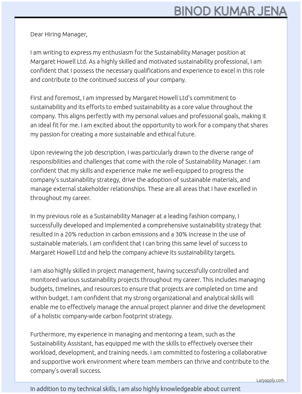 Sustainability Manager At Margaret Howell Ltd Cover Letter