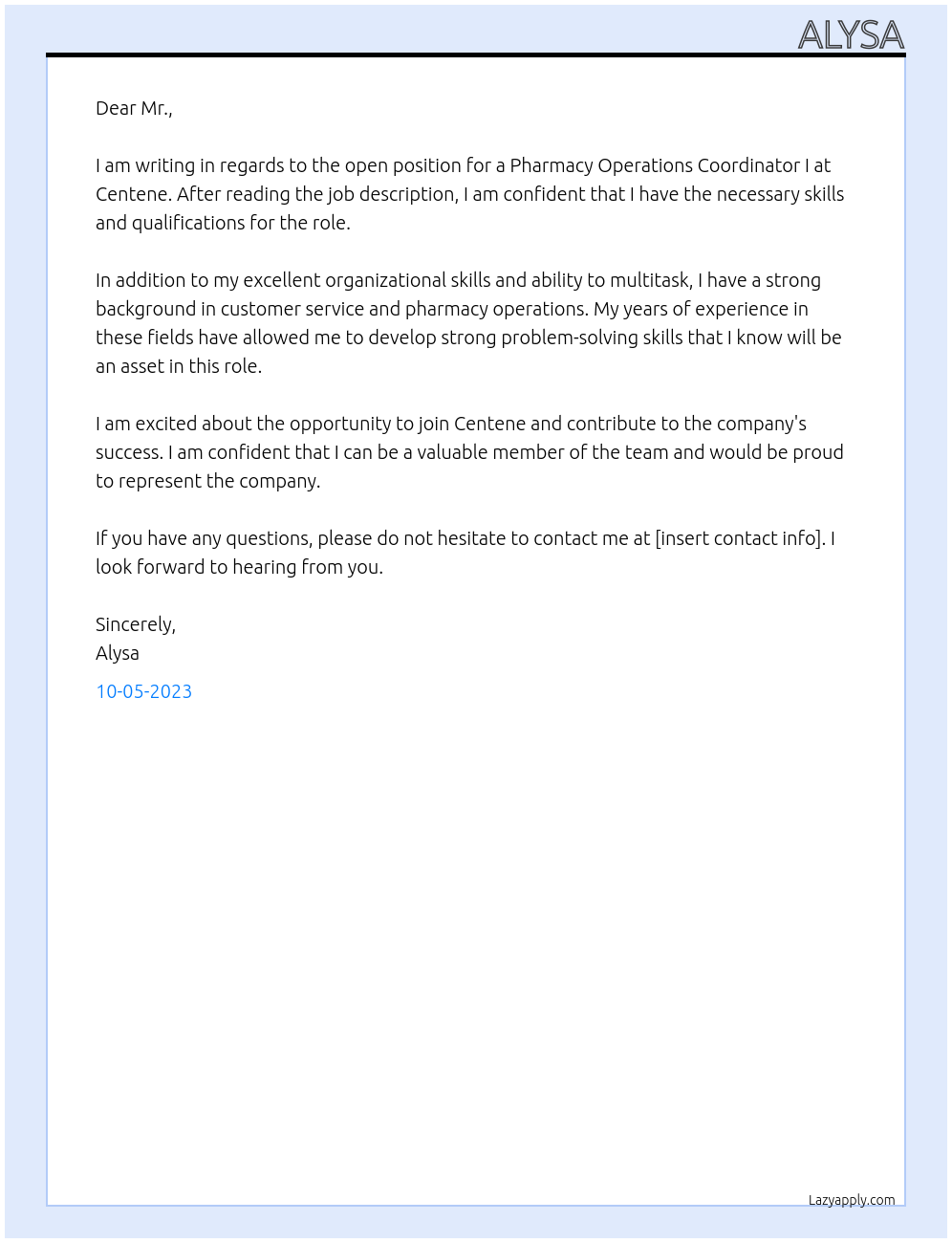 Pharmacy Operations Coordinator I At Centene Cover Letter