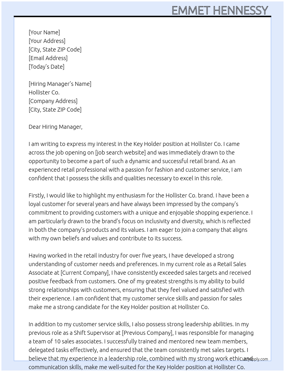 Key holder At Hollister Co. Cover Letter