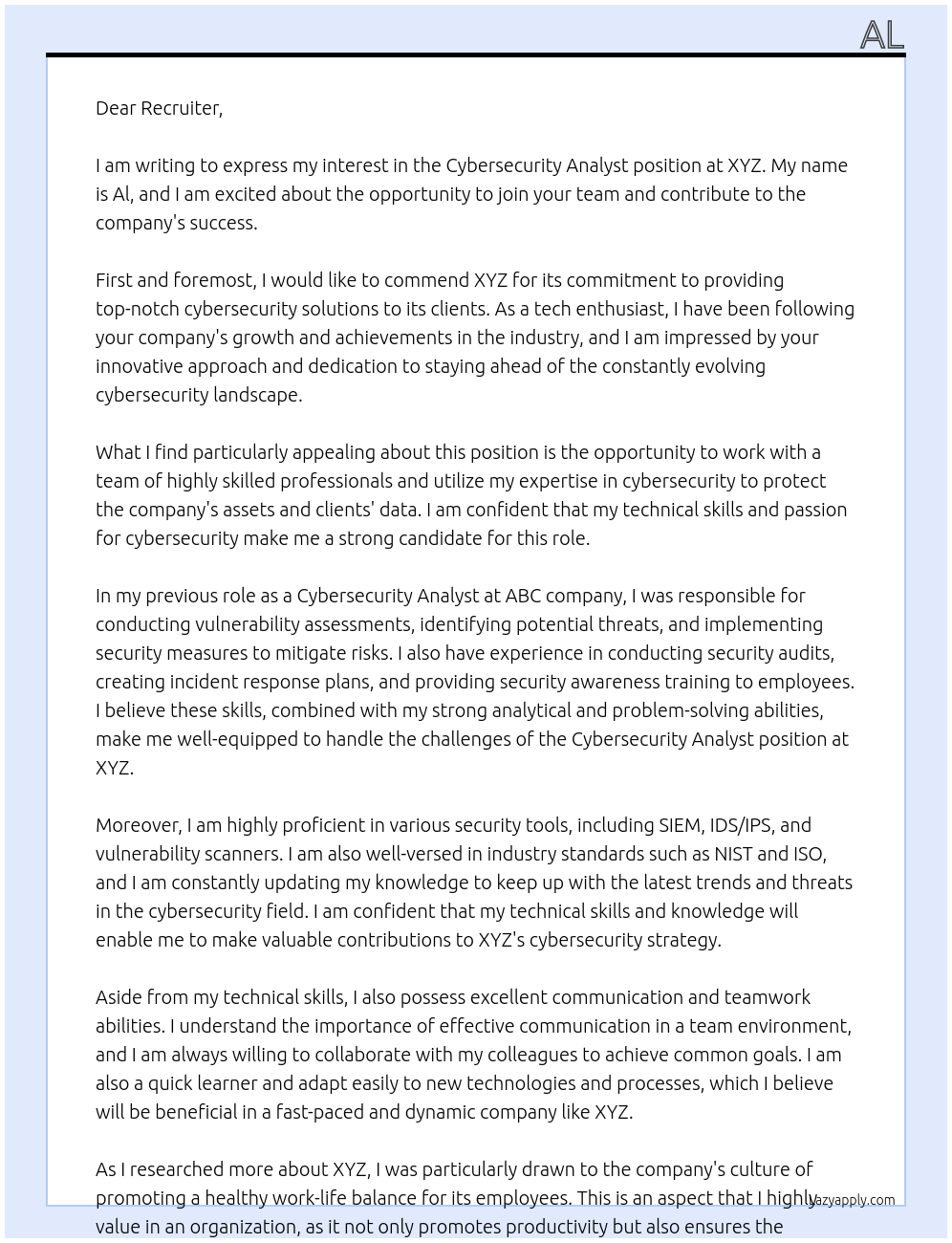 cybersecurity analyst At XYZ Cover Letter