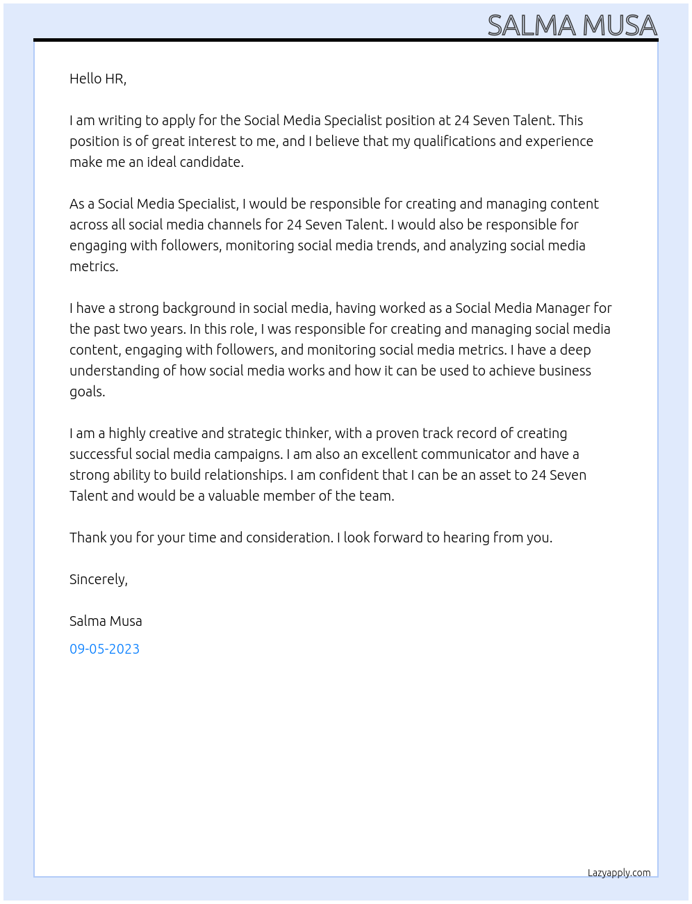 Social Media Specialist At 24 Seven Talent Cover Letter