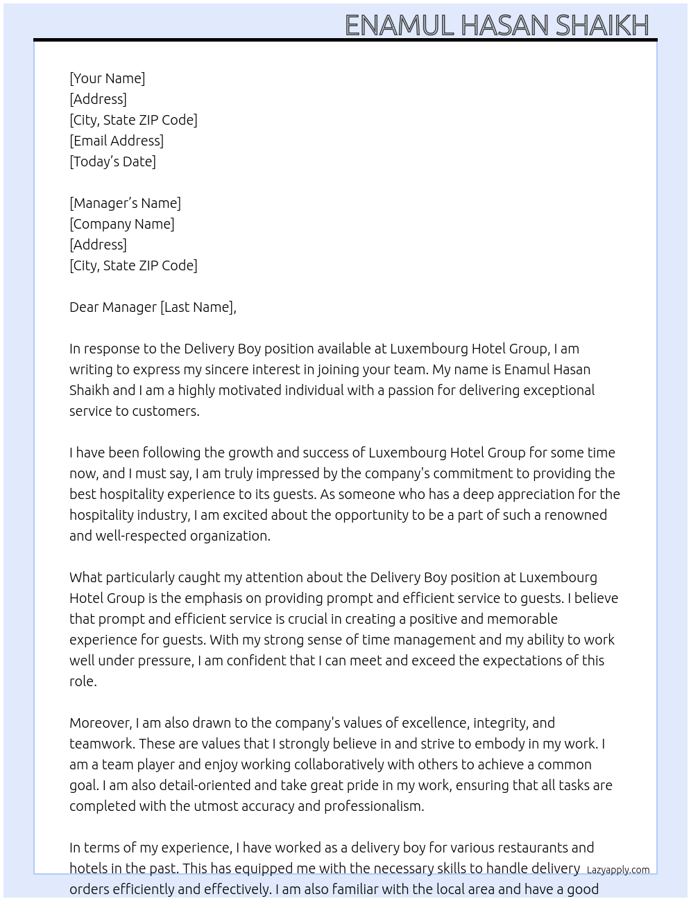 Delivery boy At Luxembourg Hotel Group Cover Letter