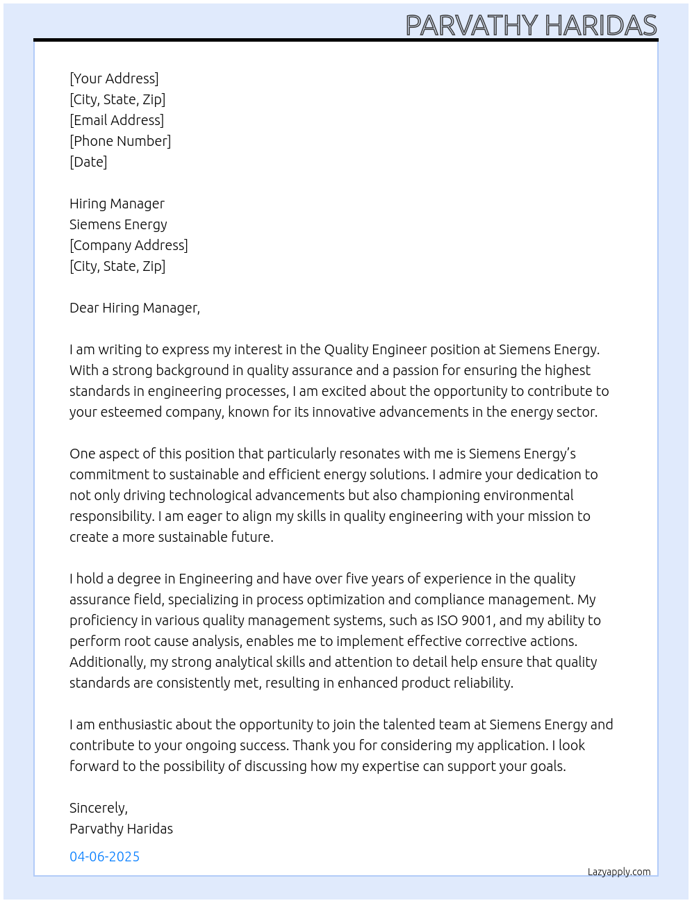 quality engineer At Siemens Energy Cover Letter