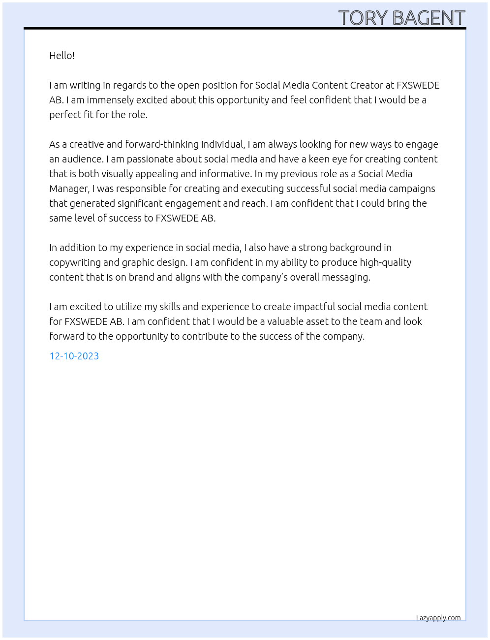 Social Media Content Creator At FXSWEDE AB Cover Letter