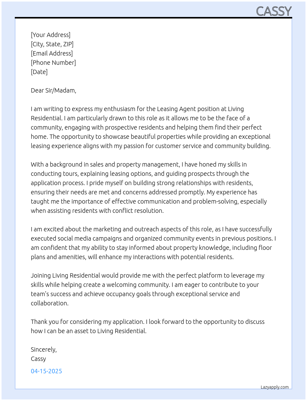 Leasing Agent At Living Residential Cover Letter