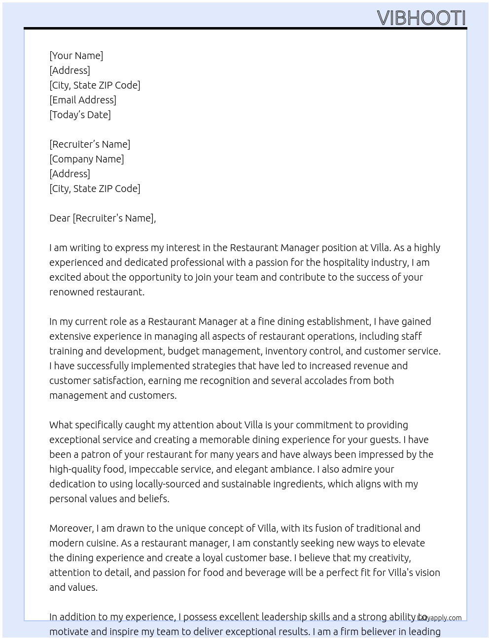 restaurant manager At villa Cover Letter