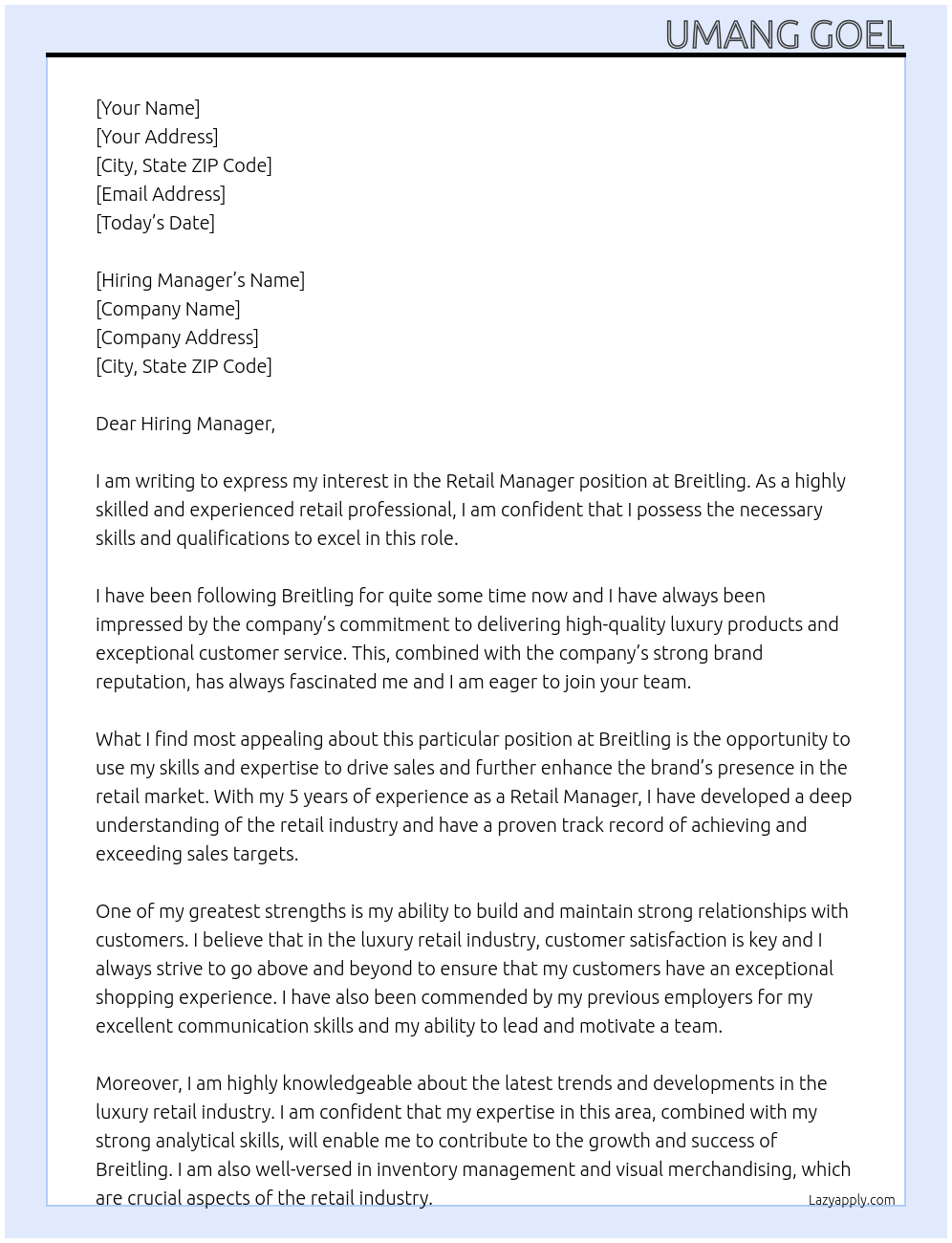 Retail Manager At Breitling Cover Letter