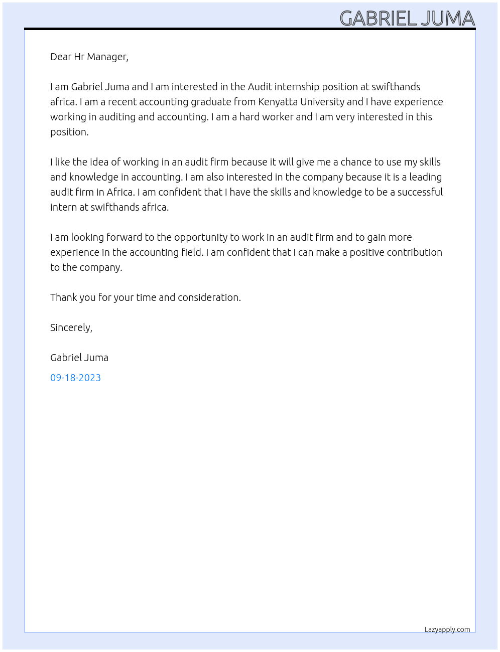 Audit internship At swifthands africa Cover Letter