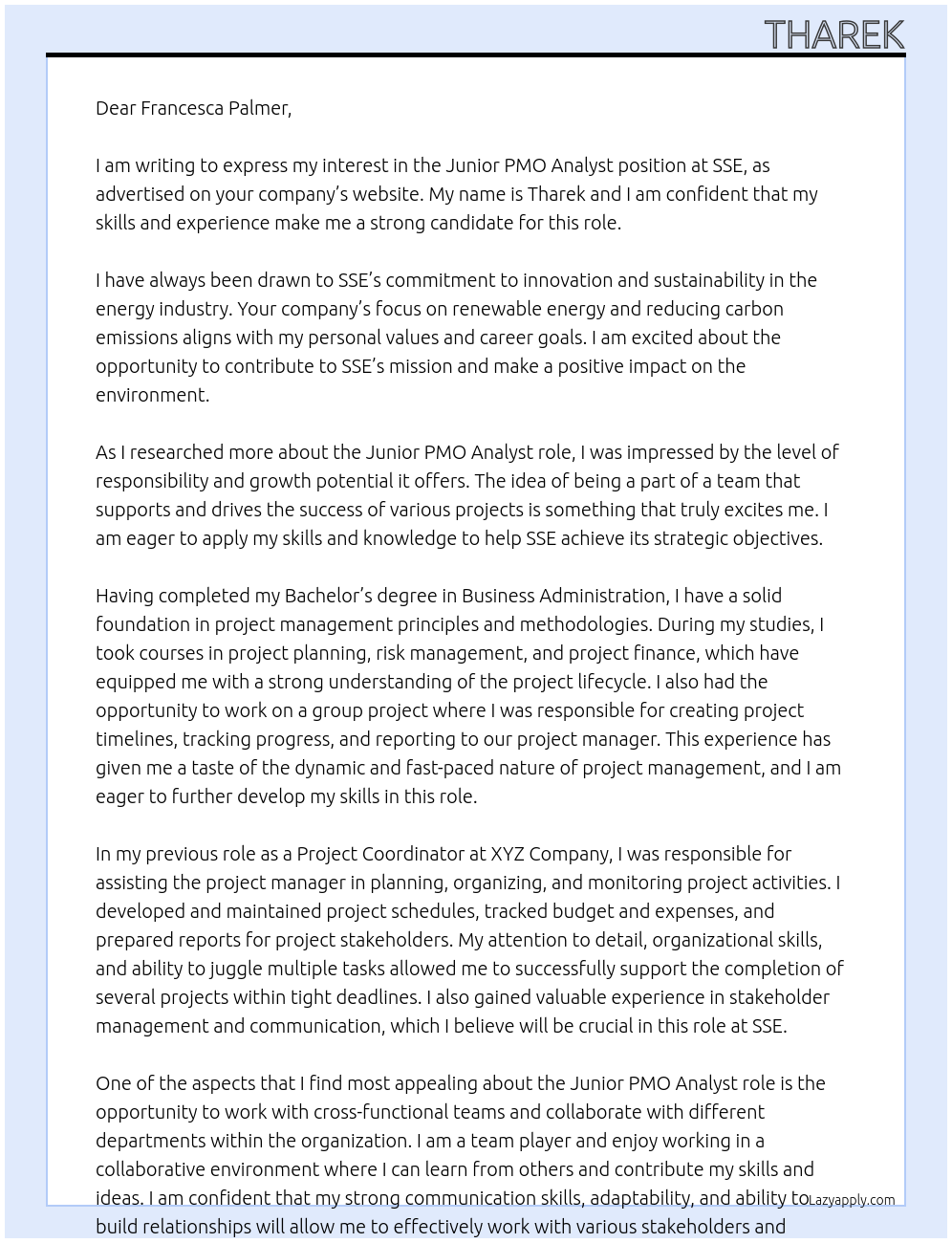 Junior PMO Analyst  At SSE Cover Letter