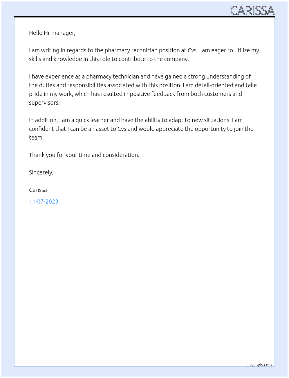 Cover letter for pharmacy technician - LazyApply