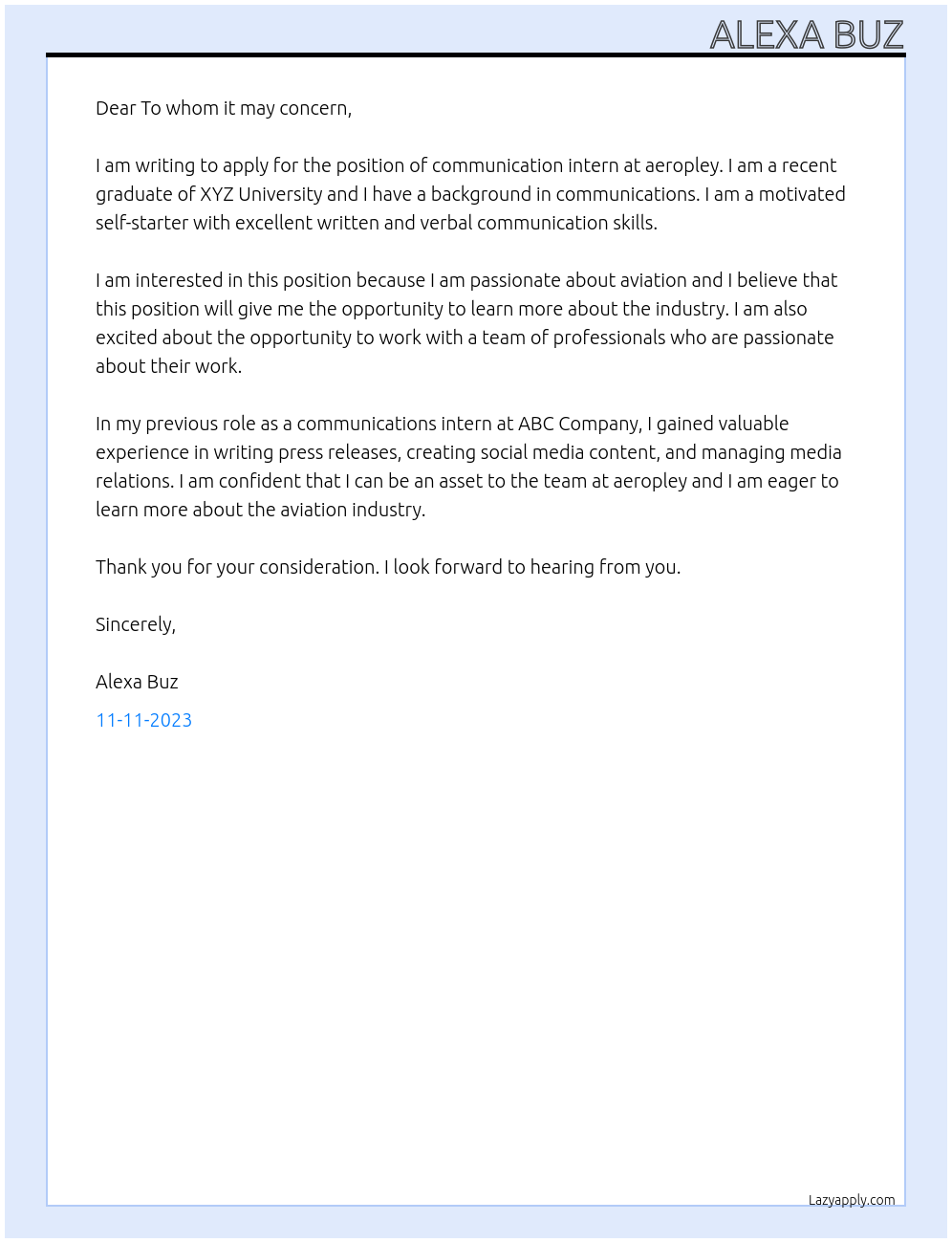 communication intern At aeropley Cover Letter