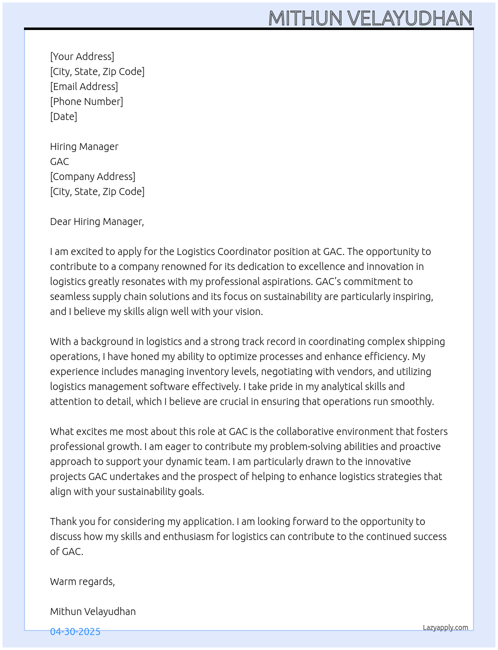 LOGISTICS COORDINATOR At GAC Cover Letter