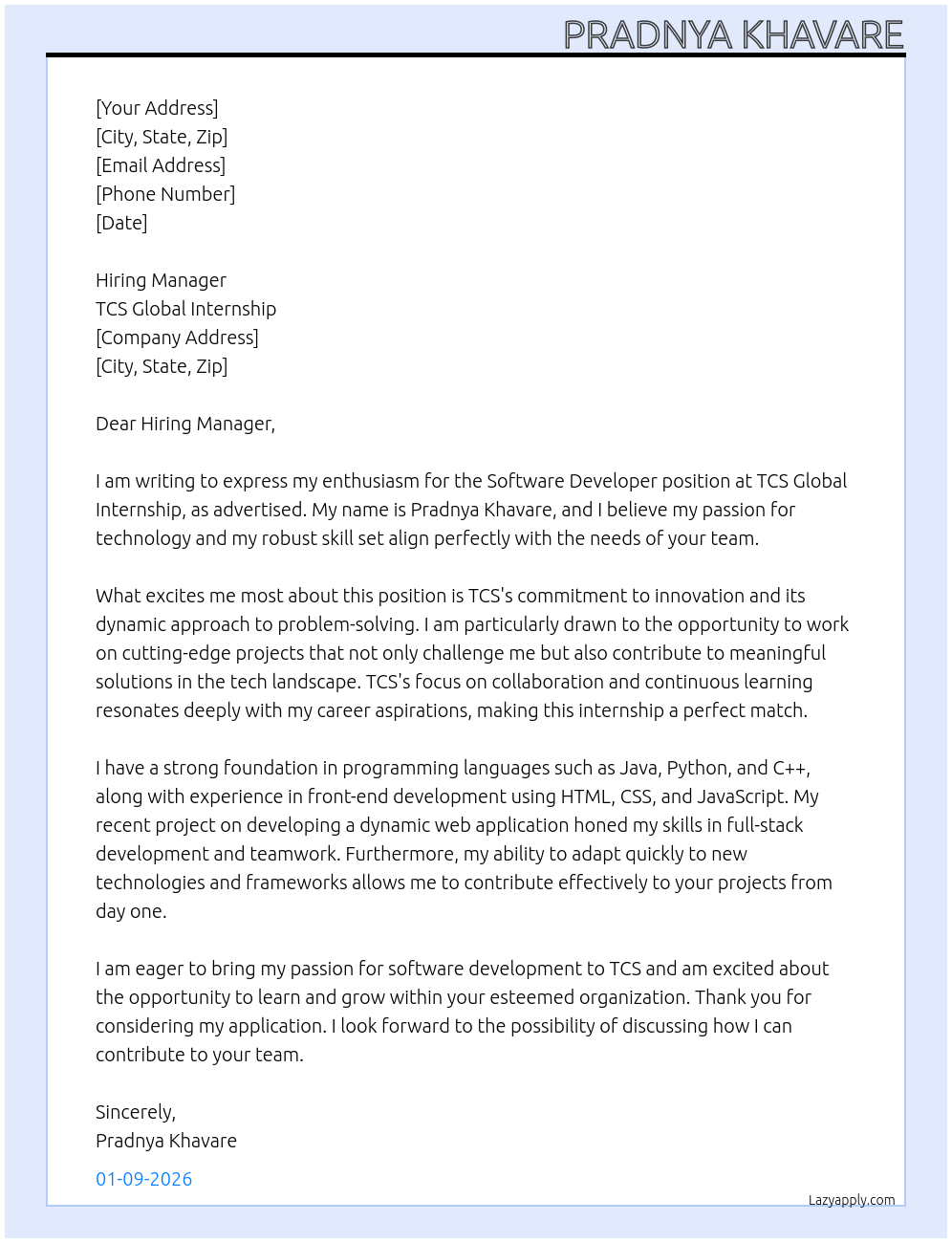 software developer At TCS global internship Cover Letter