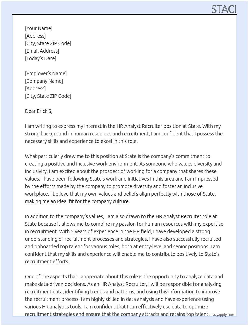 HR Analyst Recrruiter At State Cover Letter