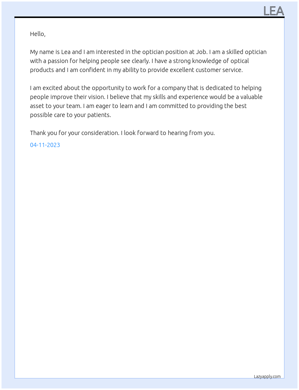 Optician  At Job Cover Letter