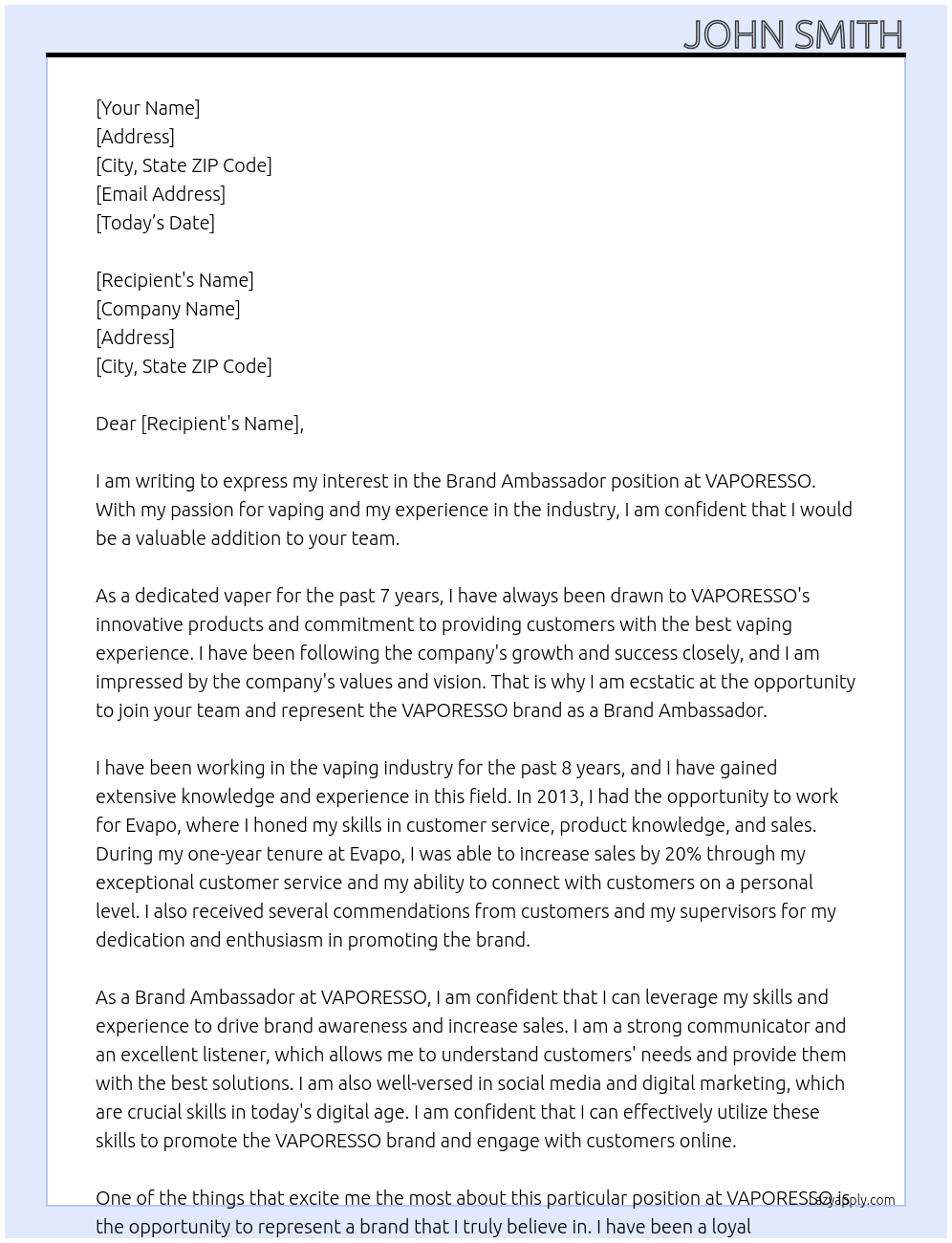 Brand Ambassador  At VAPORESSO Cover Letter