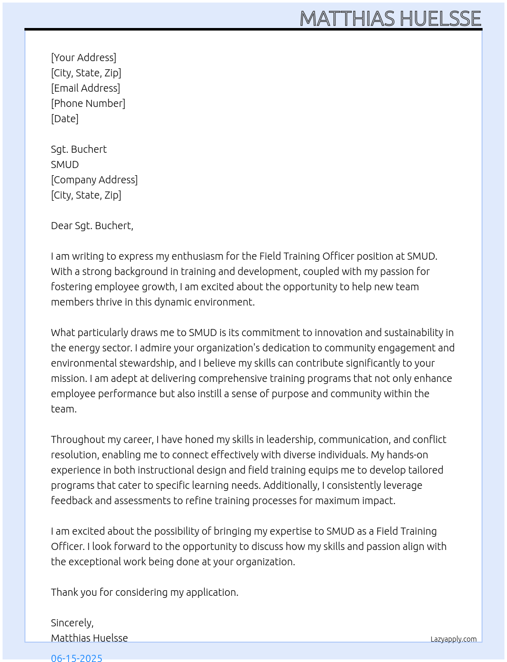 Field Training officer At SMUD Cover Letter