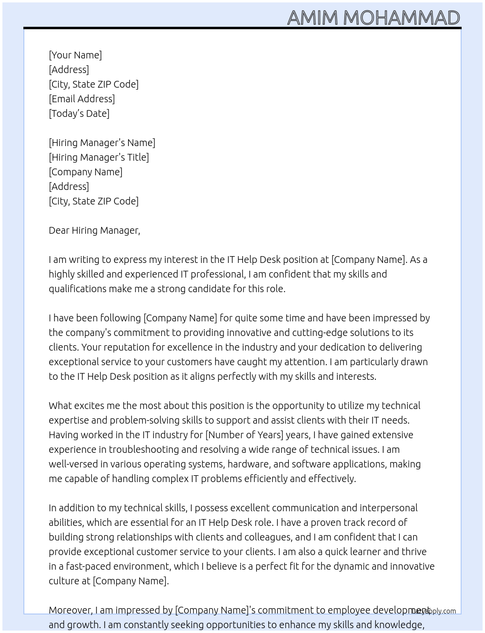 IT Help Desk At Company Cover Letter