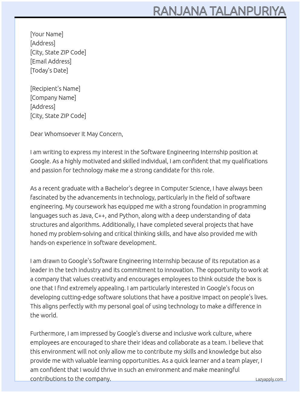 SOFTWARE ENGINEERING INTERNSHIP At GOOGLE Cover Letter