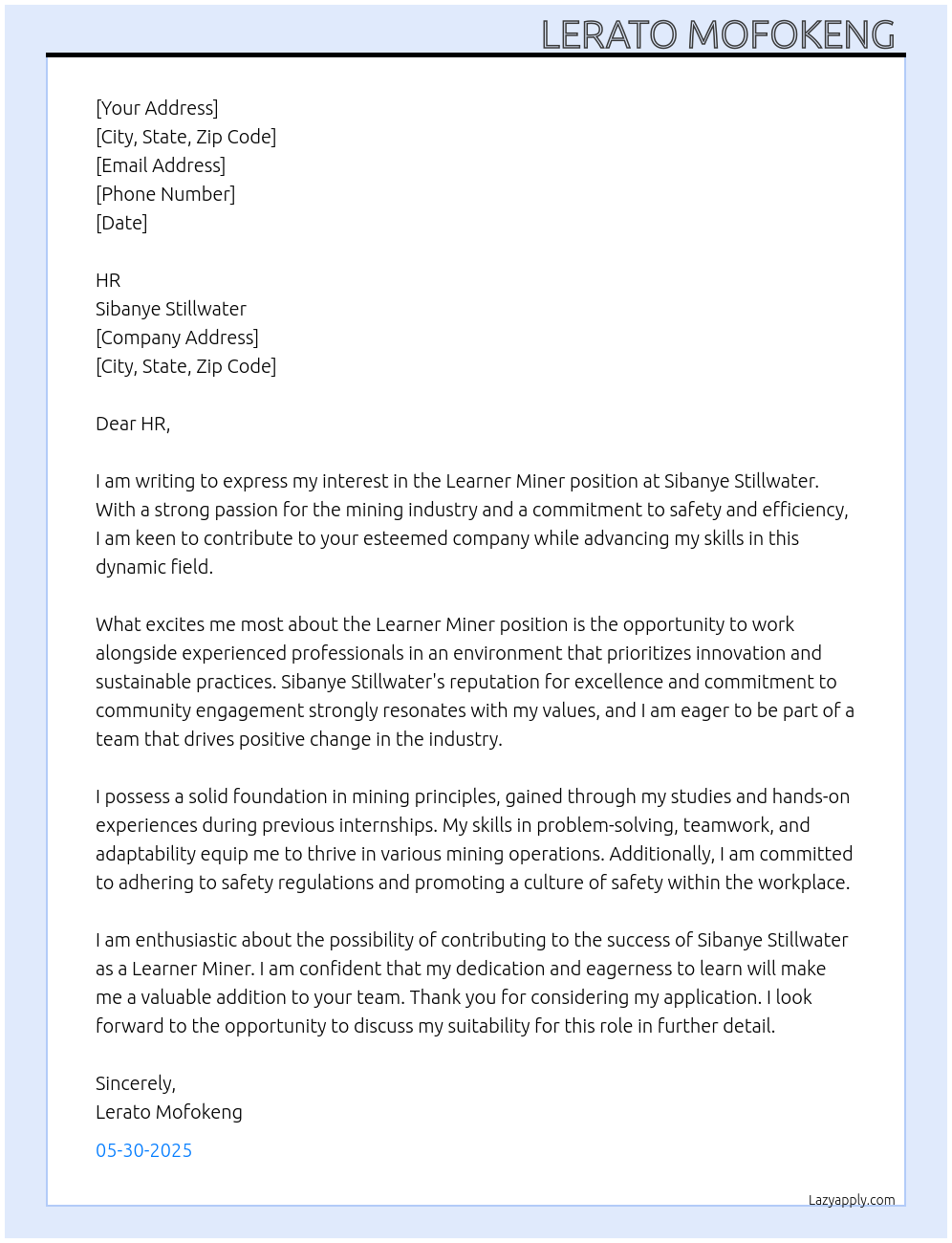 Learner Miner position At Sibanye Stillwater  Cover Letter