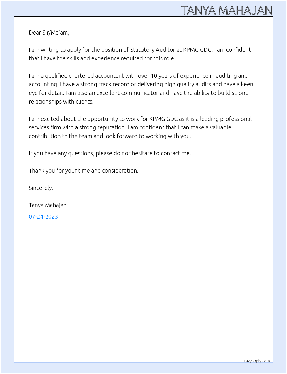 Statutory Auditor At KPMG GDC Cover Letter